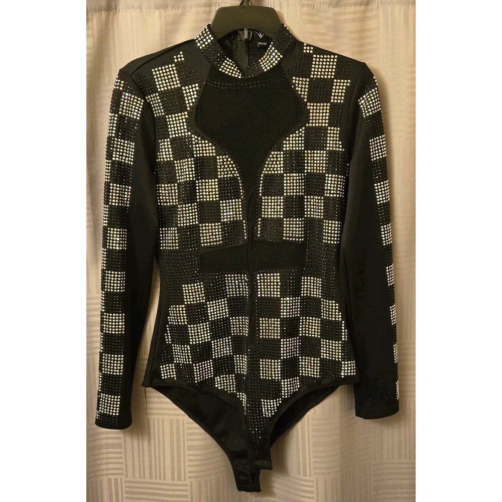 Black Rhinestone Checkered Long-Sleeve Bodysuit